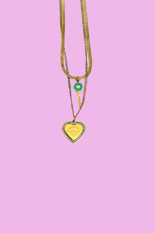 Gold Tif Heart & Key Necklace